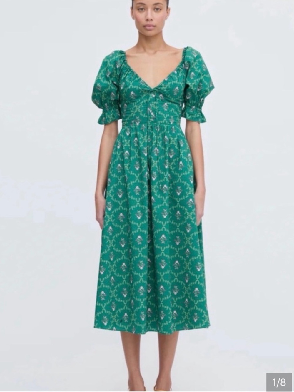 Hill House The Ophelia New with tags Green Floral Puff-Sleeve Midi Dress